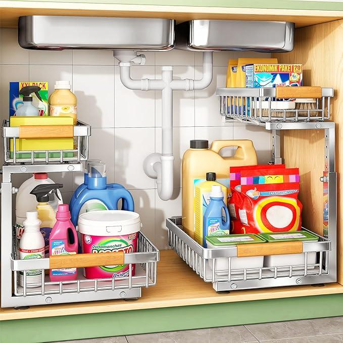 Under Sink Organizer, Stainless Steel 2 Packs 2 Tier Under Sink Organizers and Storage, Slide out Pull out Cabinet Shelf, Sliding Drawer for Kitchen Bathroom Pantry Cabinet Closet Organization Rack - NeatNest
