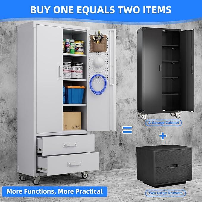 SUXXAN Rolling Storage Cabinet with 2 Doors and 2 Drawers, Heavy Duty Metal Storage Cabinet with Shelves, Locking Steel Cabinet for Warehouse, Home, Office (White) - NeatNest