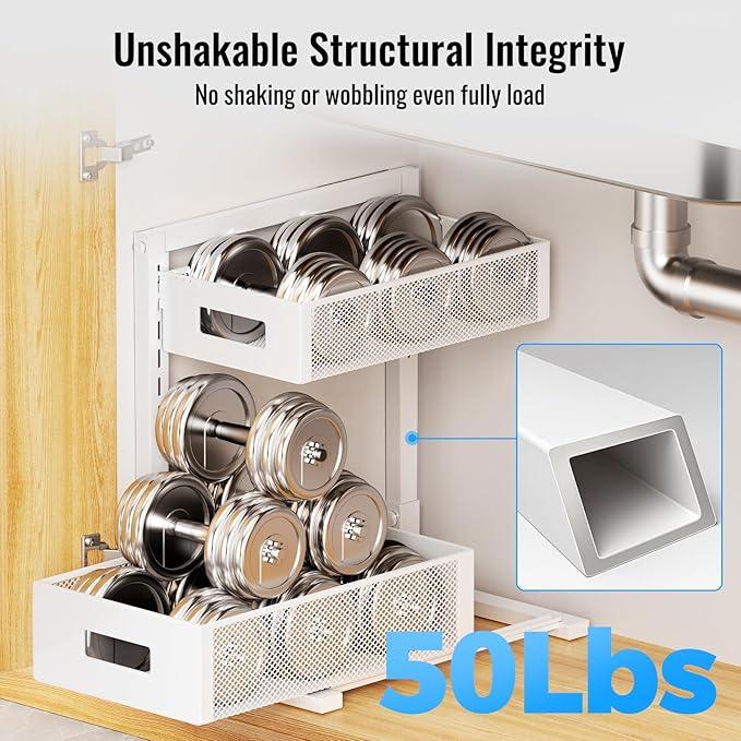 Full Metal Under Sink Organizer, Pull Out Cabinet Organizers and Storage, Silk-Smooth Sliding Drawer for Kitchen, Bathroom, Pantry, Cabinet, Closet (White, 2 Pack) - NeatNest