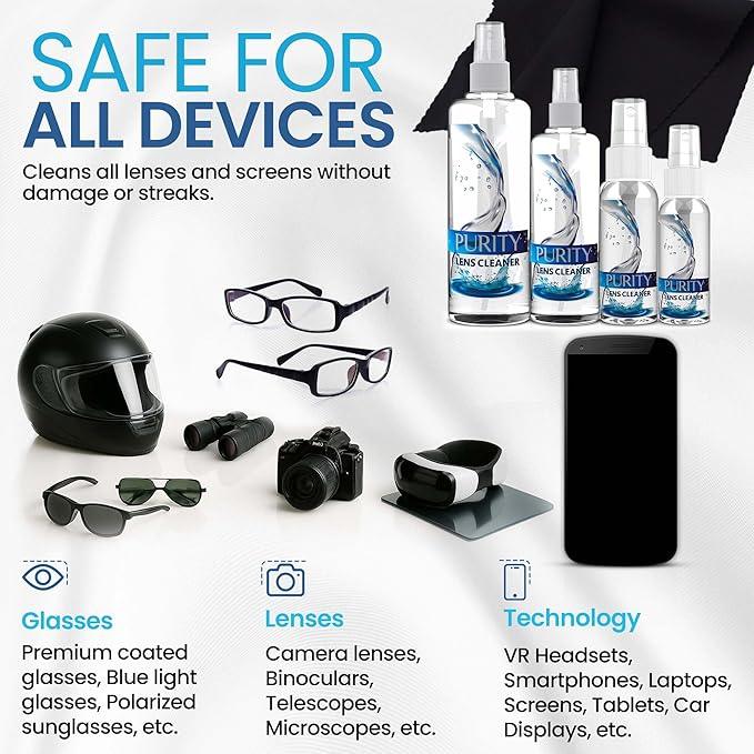Purity Eyeglass Cleaner Family Pack - Multi-Size Lens Cleaner Kit - 1x1oz, 1x2oz, 1x4oz, 1x8oz Bottles + 4 Premium Microfiber Cloths - Safe for All Lenses, Eyeglasses, & Screens - Streak-Free Formula - NeatNest