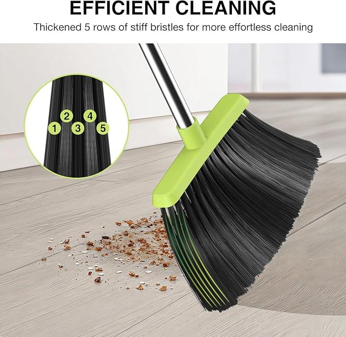 Broom and Dustpan Set, 52-in Long Adjustable Handle Broom Dustpan Combo with Dust pan Teeth to Automatically Clean Hair Suitable for Home Kitchen Office Hall Floor (Green), 2 Pack - NeatNest
