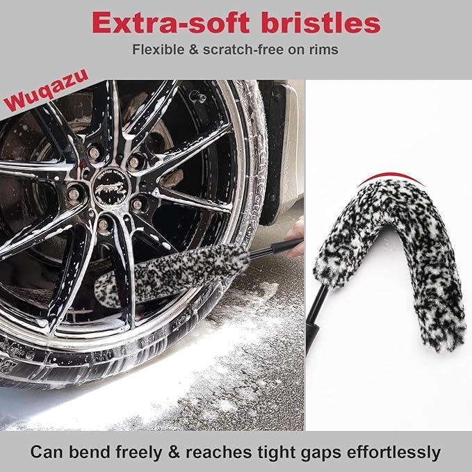Wuqazu 8PCS All-in-One Wheel & Tire Cleaning Kit - 360° Flexible Synthetic Wool Rim Brush, 2 Dual-Hardness Brushes, Dressing Pads & Storage Bag | Scratch-Free for All Vehicles - NeatNest
