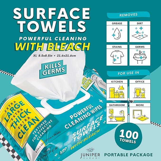 6 Packs Surface Wipes with Bleach, Thick & Large Dispose, All-Purpose Cleaner for Bathroom, Kitchen, Office, 600 Count Soft Flow, Biodegradable, Fresh Scent - NeatNest