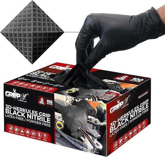 Herkules Grip Heavy Duty 8Mil Black Nitrile Gloves,3D Raised Diamond Texture-Latex & Powder-Free Industrial, Mechanic - NeatNest