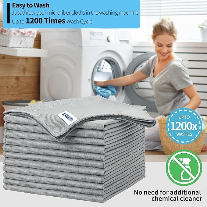HOMERHYME Microfiber Cleaning Cloth, 12 Pack Window Glasses Cleaning Cloth, Reusable Lint-Free Streak Free Polishing Cloth Wipes for Stainless Steel, Eyeglasses, Mirrors, Screens & Lenses,12"*12" Grey - NeatNest