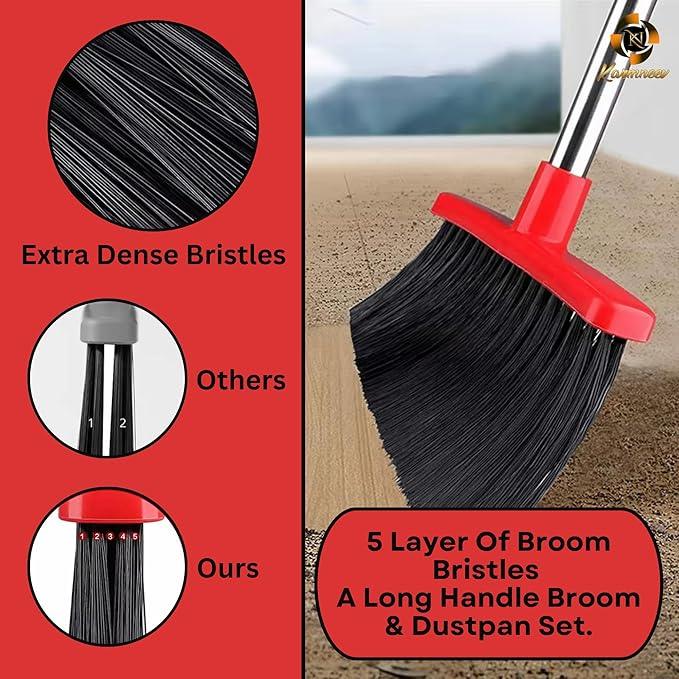 Standing Broom and Dustpan Set, Built-in Scraper Teeth, No-Slip Grip, Dust Collection Tray for Home, Office, Lobby, and Outdoor, Adjustable Handle from 38.18" to 52" (Black and Red) - NeatNest