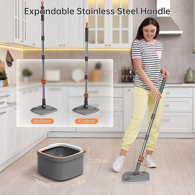 KZKR Spin Mop and Bucket Set with 2 Replaceable Microfiber Mop Pads with Self Separation Dirty and Clean Water System, Self Wringing 360° Rotating Square Mop Head for Hardwood Tile Marble Floors - NeatNest