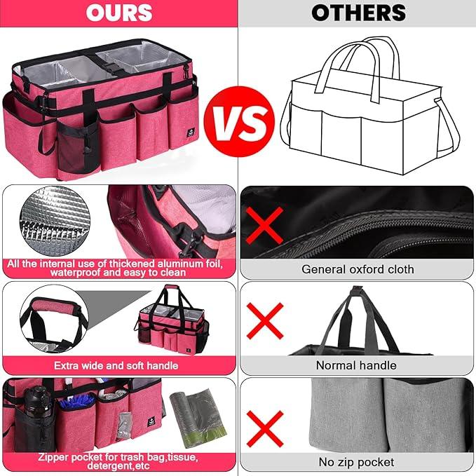 Extra large Cleaning Caddy Bag Built-in Sturdy Support Board, Cleaning Organizer with Detachable Divider, Cleaning Supply Tote with Adjustable Shoulder Strap (Pink, 19'' x 11'' x 11'') - NeatNest