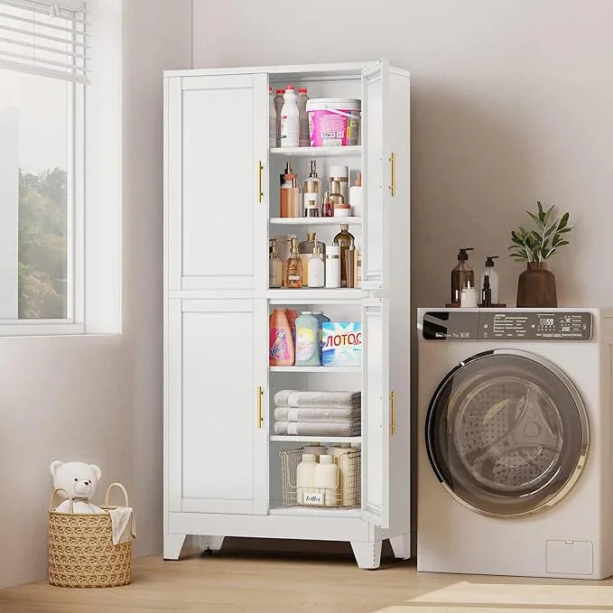 75" H Tall Kitchen Pantry Cabinet, Pantry Storage with Doors and 3 Adjustable Shelves, Metal Storage, Cupboard for Kitchen, White - NeatNest