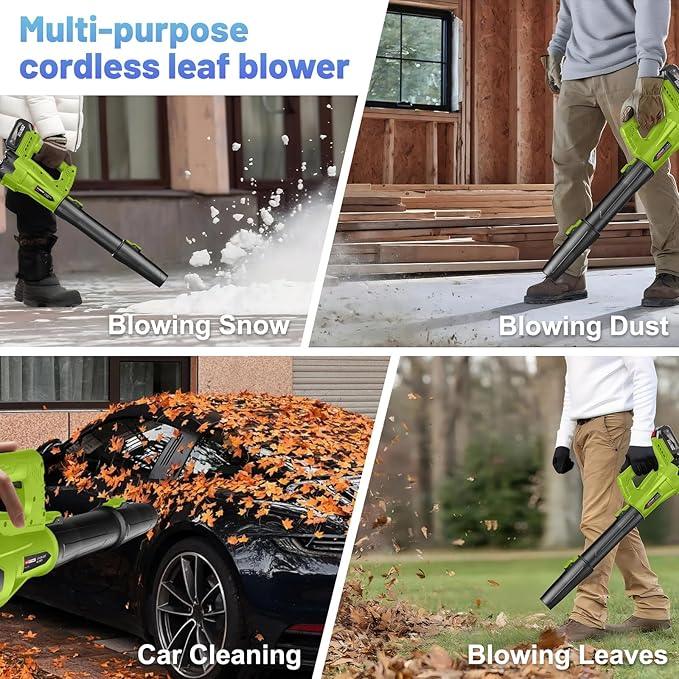 Leaf Blower Cordless with 2 x 4.0 Ah Battery and Charger, 160MPH/580CFM High Power Lightweight Handheld Electric Snow Blower with 2 Extended Tubes for Lawn, Yard, Leaves, Dust, Snow Care (Green) - NeatNest