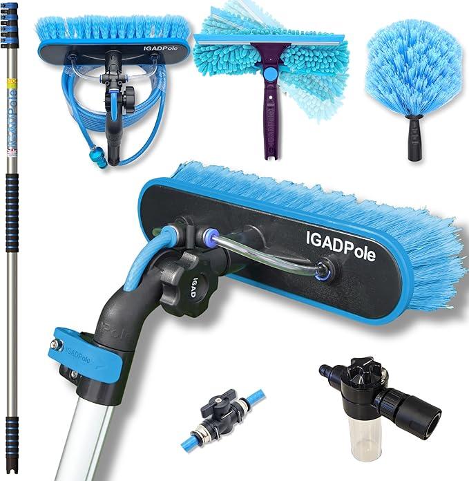 IGADPole 17 FT Water-Fed Washing Kit with Soap-Dispenser, Brush, 10″ Squeegee & Cobweb Duster for Windows, Gutters, Solar Panels & Exterior Walls - NeatNest