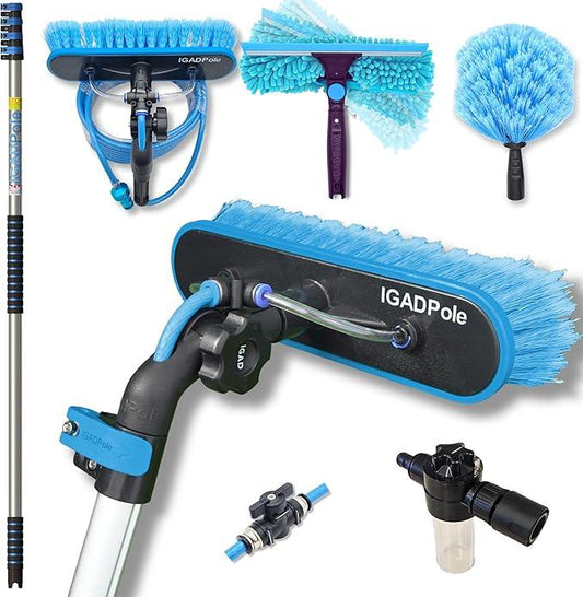 IGADPole 17 FT Water-Fed Washing Kit with Soap-Dispenser, Brush, 10″ Squeegee & Cobweb Duster for Windows, Gutters, Solar Panels & Exterior Walls - NeatNest