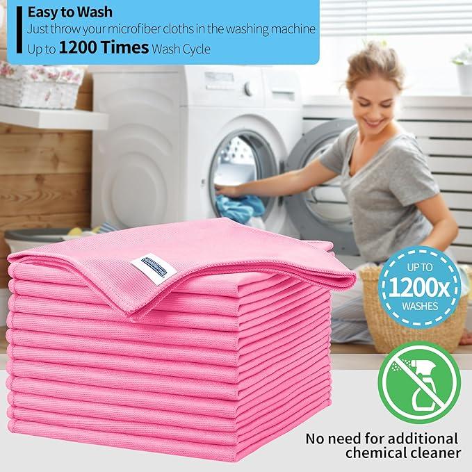 HOMERHYME Microfiber Cleaning Cloth, 12 Pack Window Glasses Cleaning Cloth, Reusable Lint-Free Streak Free Polishing Cloth Wipes for Stainless Steel, Eyeglasses, Mirrors, Screens & Lenses,12"*12" Pink - NeatNest