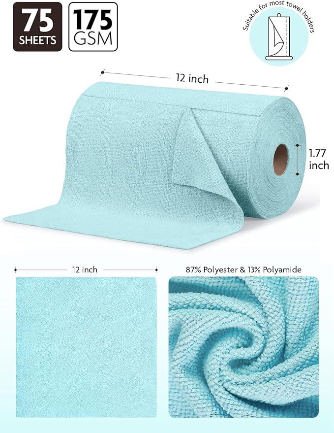 Fantasticlean Microfiber Cleaning Cloth Roll -75 Pack, Tear Away Microfiber Towels, 12" x 12", Reusable, Washable, Scratch Free, Ultra Absorbent Dishcloth for Home Supplies, Car, Pet, Kitchen (Blue) - NeatNest