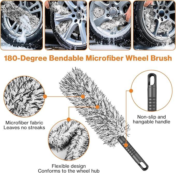 Preciva 5PCS Car Wheel & Tire Brush Kit -Car Cleaning Kit, Wheel Cleaner Brush, Soft-bristled Rim Brush, Car Drying Towel, Car Detailing Cleaning Wash Brush Supplies Kit for Interior Exterior Wheels - NeatNest