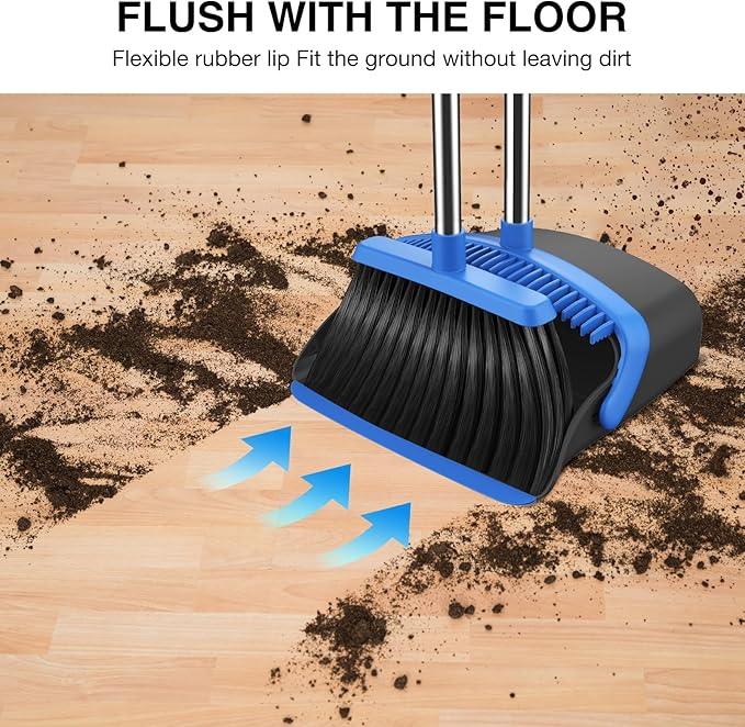 NACENA Broom and Dustpan Set, 52-in Long Adjustable Handle Broom Dustpan Combo with Dustpan Teeth to Automatically Clean Hair Suitable for Home Kitchen Office Hall Floor (Black&Blue), 2 Pack - NeatNest