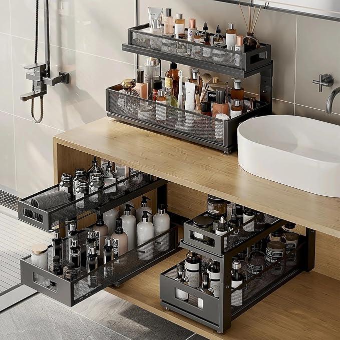 2 Pack 21.3IN-Depth Under Sink Organizer with Next-Gen Ball-Bearing Slides,2-Tier Pull Out Cabinet Storage,Height Adjustable Drawer Shelf for Bathroom,Kitchen,Laundry,Cabinet,Pantry-Black - NeatNest