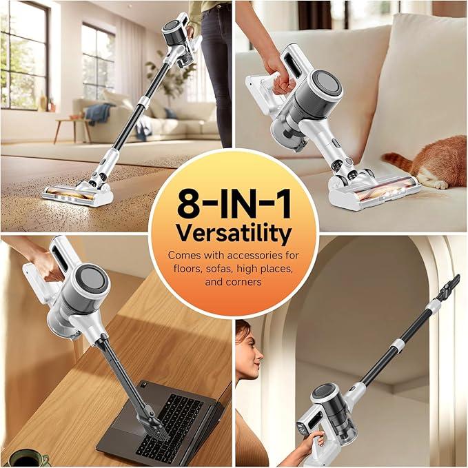Cordless Vacuum Cleaner for Home - Lightweight, 30Kpa Stick Vacuum Clean with Rechargeable Battery, Max 45Mins Runtime, 8 in 1 Handheld Vacuum for Hardfloor & Carpets Pet Hair, White - NeatNest