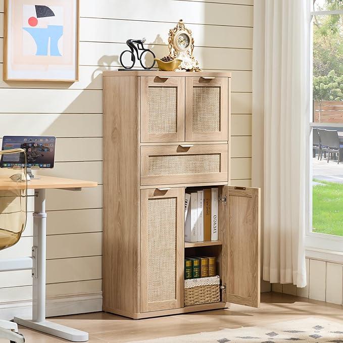 LEYAOYAO 48" Tall Storage Cabinet,Rattan Bathroom Floor Cabinets with 4 Doors & 1Drawer,Boho Kitchen Pantry with Adjustable Shelves,Wooden Cupboard for Living Room,Home Office,Dining,Natural Wood - NeatNest
