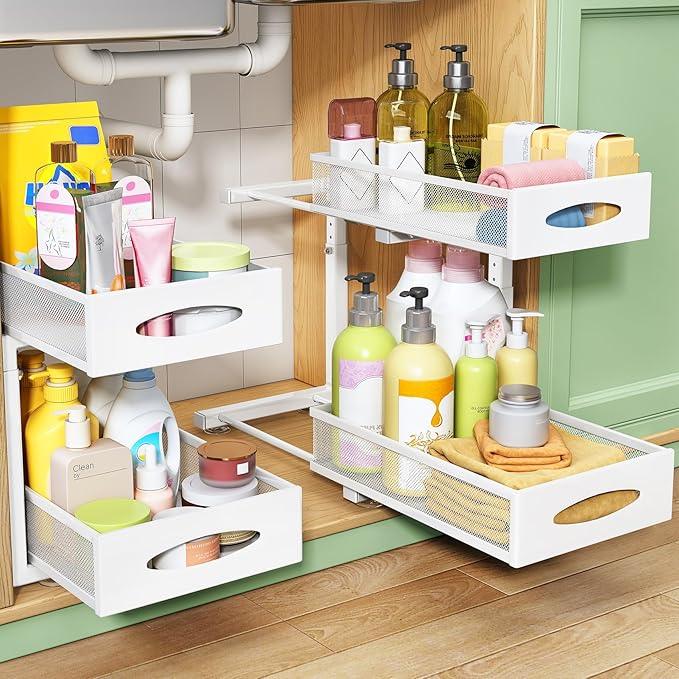 Under Sink Organizer, 2 Tier Pull out Cabinet Organizer Baskets with Mesh Sliding Drawers, Slide out Storage Shelf for Home, Kitchen, Bathroom, Pantry, Office Cabinet(1 Pack, White) - NeatNest