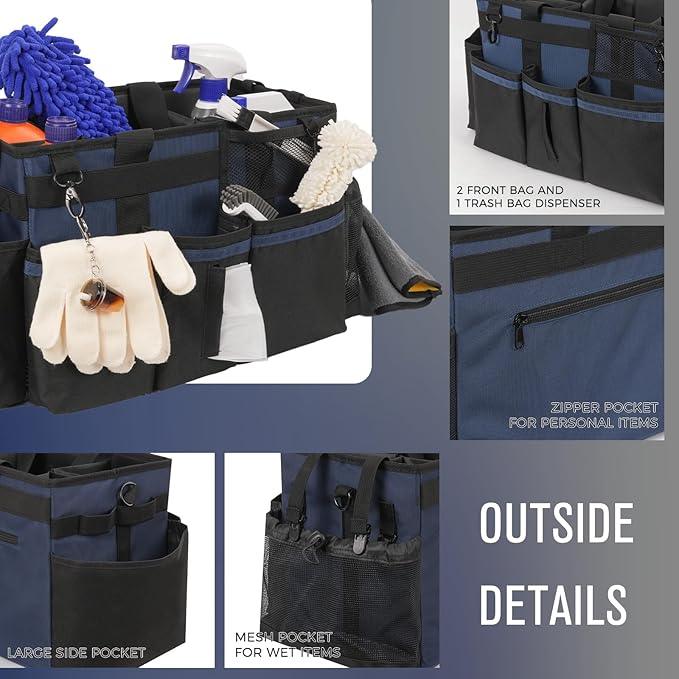 Wearable Cleaning Caddy, Cleaning Caddy Supplies Organizer with Handle & Shoulder Straps for Housekeepers, Under Sink & Car Cleaning Tool Organizers Bag with 4 Foldable Divider (NavyBlue) - NeatNest