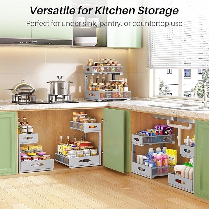 Under Sink Organizer, 1-Pack Pull Out Cabinet Organizer 2 Tier Metal Slide Out Storage Shelf Rack, L-Shaped Adjustable Height,Mesh Sliding Drawer for Kitchen, Bathroom, Laundry, Pantry, Grey, XL - NeatNest