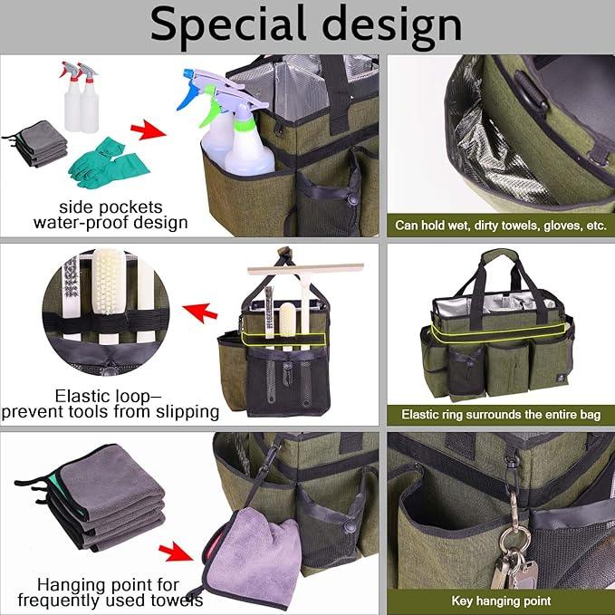 Large Cleaning Caddy Bag Built-in Sturdy Support Board, Cleaning Organizer with Detachable Divider, Cleaning Supply Tote with Adjustable Shoulder Strap&Waist Belt for Cleaners & Housekeeper - NeatNest