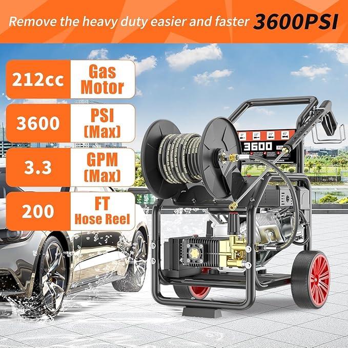 3600 PSI Gas Powered Commercial High Pressure Washer with 212cc 4HP Engine 3.3GPM Electric Start, Includes Hose Reel 50 FT 3/8 inch Hose 5 Quick Connect Nozzles Spray Gun and Wand - NeatNest