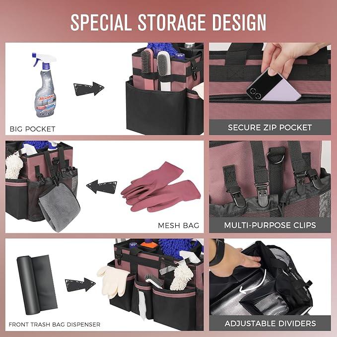 Wearable Cleaning Caddy, Cleaning Caddy Supplies Organizer with Handle & Shoulder Straps for Housekeepers, Under Sink & Car Cleaning Tool Organizers Bag with 4 Foldable Divider (LotusPink) - NeatNest