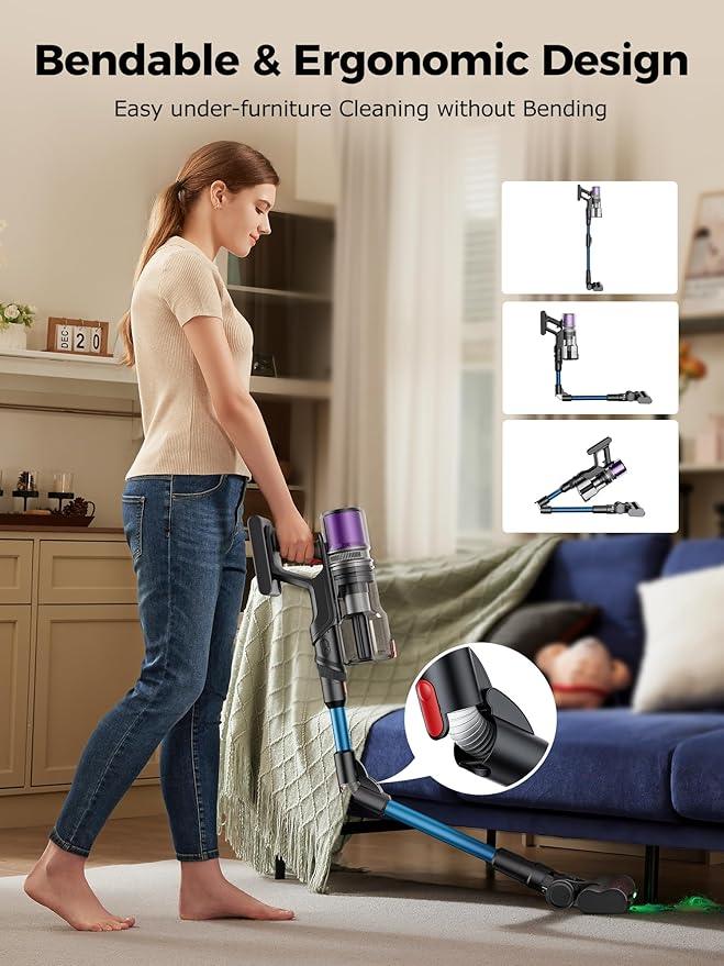 Proscenic Cordless Vacuum Cleaner, 45Kpa 55Mins Runtime, 180°Bendable Wand, Vacuum Cleaners for Home with Green Light, Anti-Tangle Brush, Rechargeable Lightweight Stick Vacuum for Pet Hair, P16(Blue) - NeatNest
