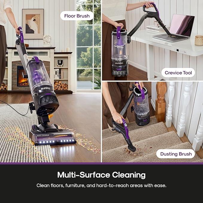 Eureka FlexReach Powerful Upright Vacuum Cleaner for Carpet and Hard Floor, Lift-Up Vacuum with Large Dust Cup, Anti-Tangle, NEU651PL, Purple - NeatNest