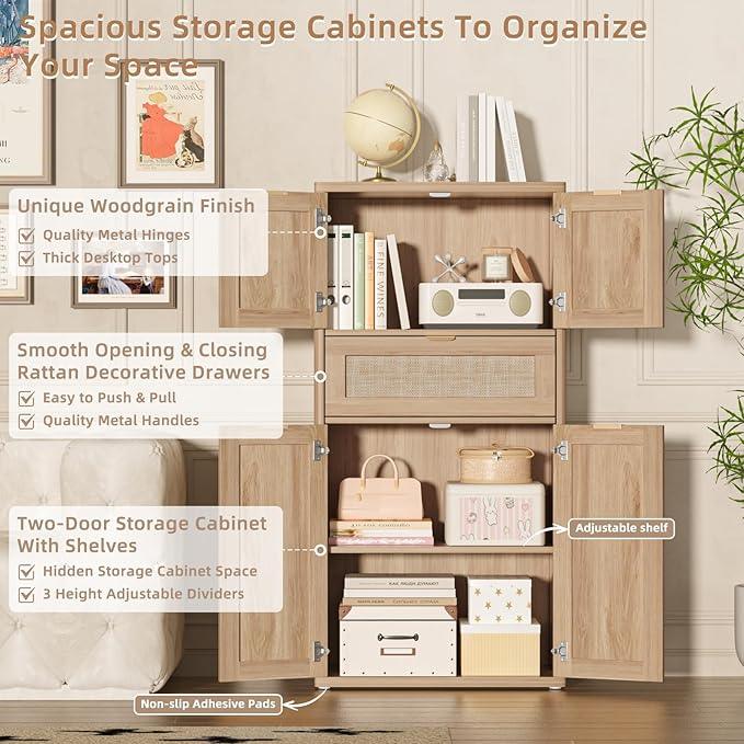 LEYAOYAO 48" Tall Storage Cabinet Set of 2,Rattan Bathroom Floor Cabinets with 4 Doors & 1Drawer,Boho Kitchen Pantry with Adjustable Shelves,Wooden Cupboard for Living Room,Home Office,Natural Wood - NeatNest