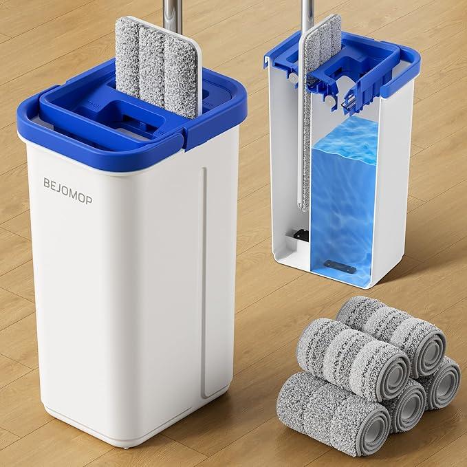 Mop and Bucket Set with Wringer, Dry & Wet Dust Mop for Household Floor Cleaning with 5 Microfiber Mops, Flat Squeeze Spin Wall Mop Cleaner with Long Handle, Slate Blue - NeatNest