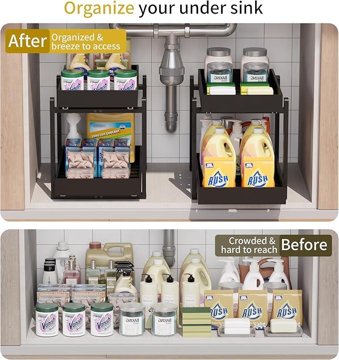 Bamboo Wood Under Sink Organizer 1 Pack, Pull Out Cabinet Organizer 2 Tier Under Sink Organizers and Storage with Sliding Drawer Sturdy Easy Assembly for Kitchen Bathroom Undersink (Black, 1 Pack) - NeatNest