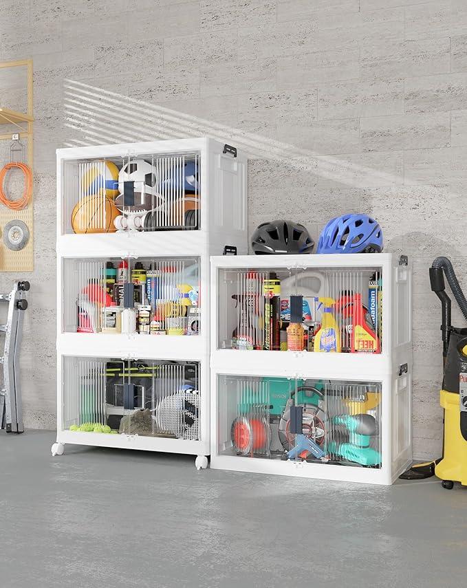 OlarHike 97QT Stackable Storage Bins with Lids - Folding Storage Box with Doors and Wheels, Collapsible Plastic Storage Drawers for Closets, 5 Pack Cubes - NeatNest