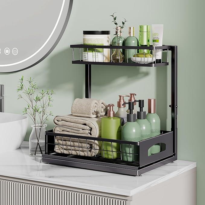 Under Sink Organizer , 2 Pack Height Adjustable Cabinet Organizer with Slide Out Drawer, Pull Out Under Sink Storage, Multi-Purpose 2 Tier Sink Shelves for Kitchen Bathroom Pantry (Black, 2 Pack) - NeatNest