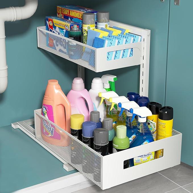 Pull-out Under Kitchen Sink Organizer, Metal Functional Under Sink Organizer, Height Adjustable Under Bathroom Sink Organizer, Under Sink Storage for Kitchen Bathroom Cabinet (White) - NeatNest