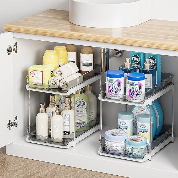 Delamu 2-Tier Multi-Purpose Bathroom Under Sink Organizers and Storage, Stackable Kitchen Pantry Organization, Pull Out Medicine Cabinet Organizer with Movable Dividers, Grey, 4 Pack - NeatNest