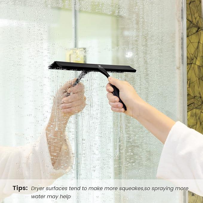 Squeegee for Shower Glass Door, 11-Inch Shower Squeegee for Glass Doors, Bathroom Silicone Squeegees Wiper for Shower with Non-Slip Handle, No-Drilling Silicone Hanging Hook, for Tiles, Mirror(Black) - NeatNest