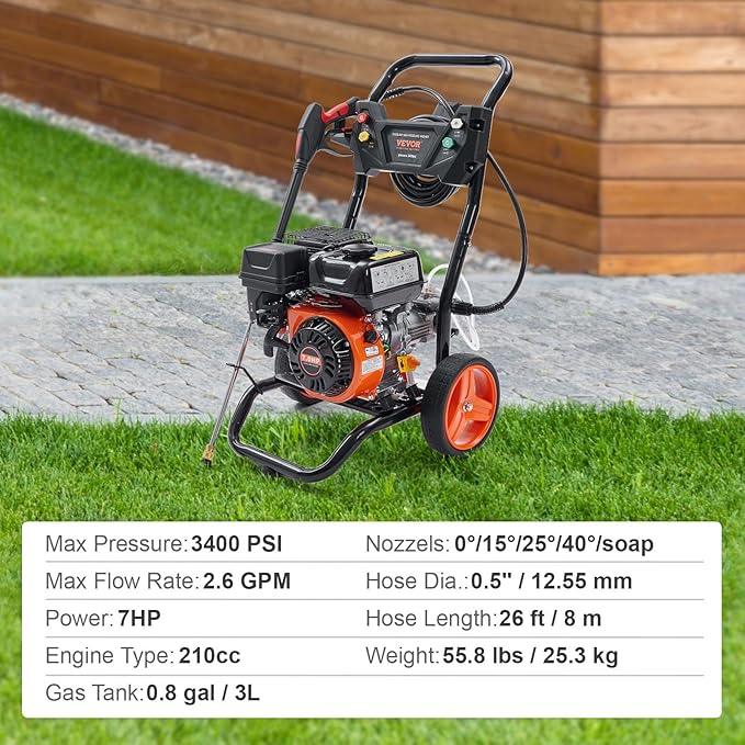 VEVOR Gas Powered Pressure Washer 3400 PSI 2.6 GPM, with Spray Gun and Extension Wand, 5 Quick Connect Nozzles, Copper Pump - NeatNest