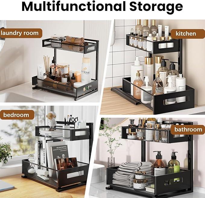 ONEUPIN Under Sink Organizer, Multi-Purpose 2 Tier Pull Out Cabinet Organizer Baskets，Adjustable Height Design Slide Out Storage Shelf for Home Kitchen and Bathroom (1 Pcs Black) - NeatNest