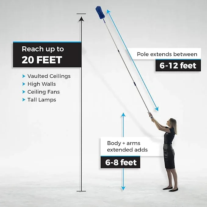 Extendable Microfiber Duster Extension Rod | Ceiling Fan Duster 20 Foot Reach | Cobweb 3-Stage Aluminum Telescoping Pole | Lightweight Webster Telescoping Cleaning Tool | U.S. Duster Co. - NeatNest