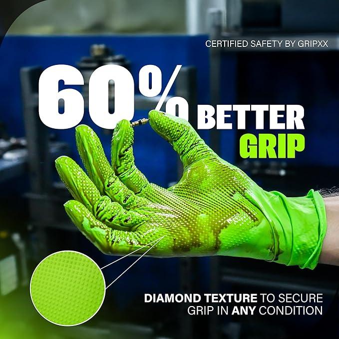 Herkules Grip Heavy Duty 8Mil Green Nitrile Gloves,3D Raised Diamond Texture-Latex & Powder Free-Industrial, Mechanic | Pack of (100 CT) - NeatNest