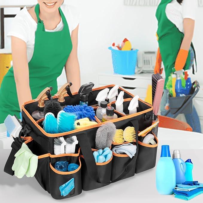 Extra-large Wearable Cleaning Caddy, Organizer Bag for Housekeeper with Pad, Handle & Divider, Car Wash Tools Bag for Detailing Supplies, Orange Edge - NeatNest
