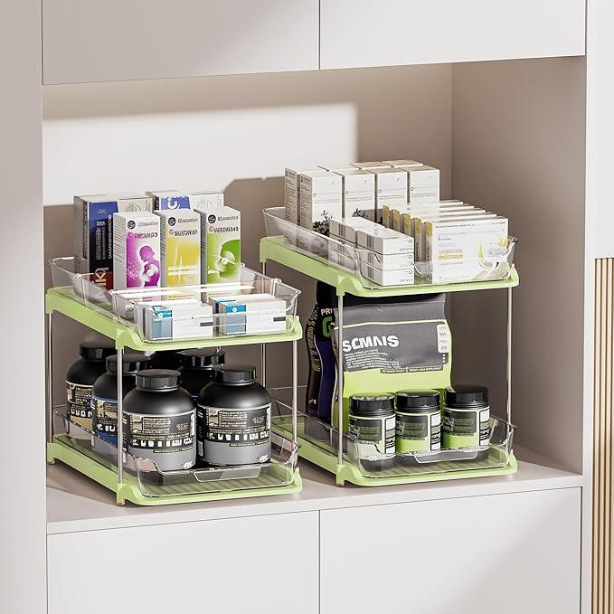 Delamu 2-Tier Multi-Purpose Bathroom Under Sink Organizers and Storage, Stackable Kitchen Pantry Organization, Pull Out Medicine Cabinet Organizer with Movable Dividers, Green, 2 Pack - NeatNest