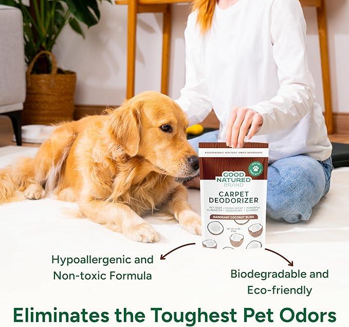Good Natured Brand | Carpet Deodorizer & Freshener Powder | 31 oz Pet Odor Eliminator for Strong Odor & Pet Urine | Fresh Natural Mahogany Coconut Bliss Scent | Safe for Homes with Pets - NeatNest
