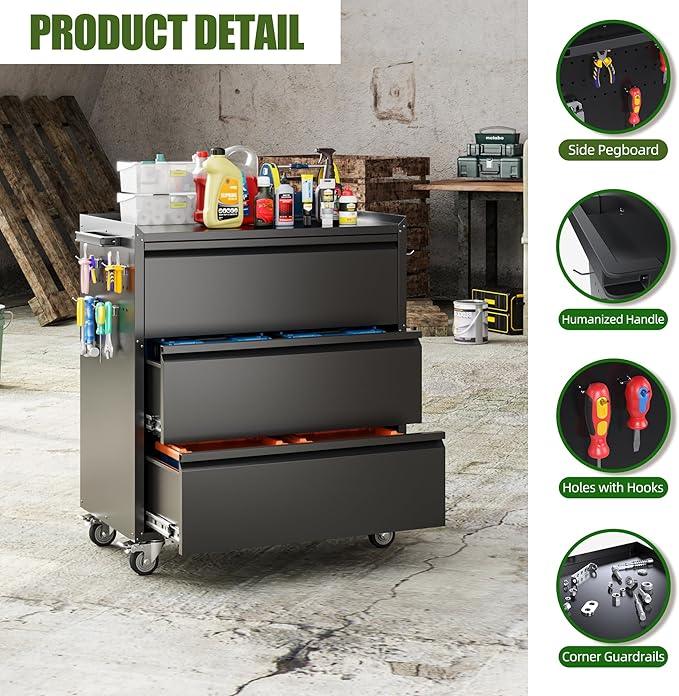 SUXXAN Metal Storage Cabinet with 3 Drawer and 4 Hooks,35.4" H Top Workbench Mobile Tool Chests Garage Cabinets with 4 Wheels,Tool Cabinets for Home,Office,Shop - NeatNest