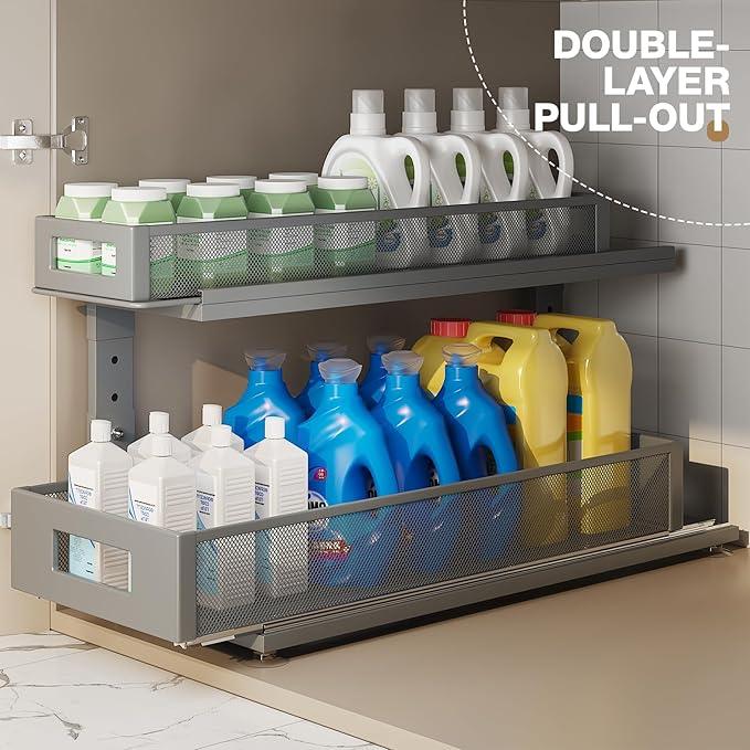 2 Pack 21.3IN-Depth Under Sink Organizer with Next-Gen Ball-Bearing Slides,2-Tier Pull Out Cabinet Storage,Height Adjustable Drawer Shelf for Bathroom,Kitchen,Laundry,Cabinet,Pantry-Gun Gray - NeatNest