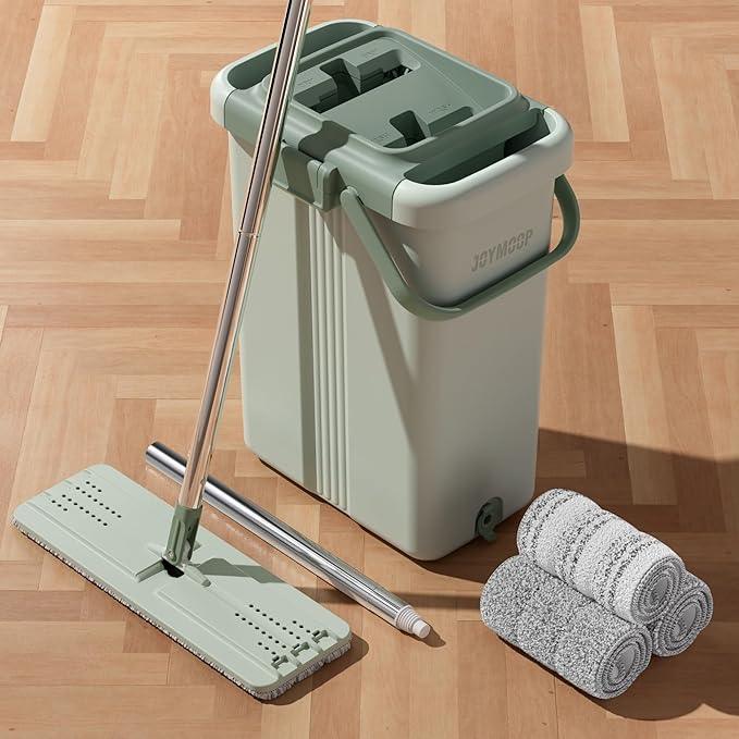 JOYMOOP Mop and Bucket with Wringer Set, Flat Squeeze Mop with Bucket (X-Large), Dust Mop for Wall Cleaner with Long Handle, Microfiber Mop - Green Bucket with 3 Reusable 15" Pads - NeatNest