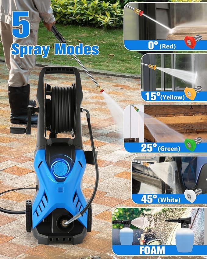 Electric Pressure Washer, 2.8 GPM High Power Washer Adjustable Pressure 2500PSI-5000PSI with 33FT Extension Hose Reel, 4 Nozzles and Soap Bottle for Cars/Fences/Driveways - NeatNest